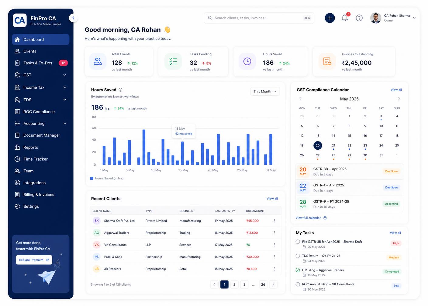 CA Vault client app — web dashboard and mobile app showing health score, outstanding amount and compliance deadlines